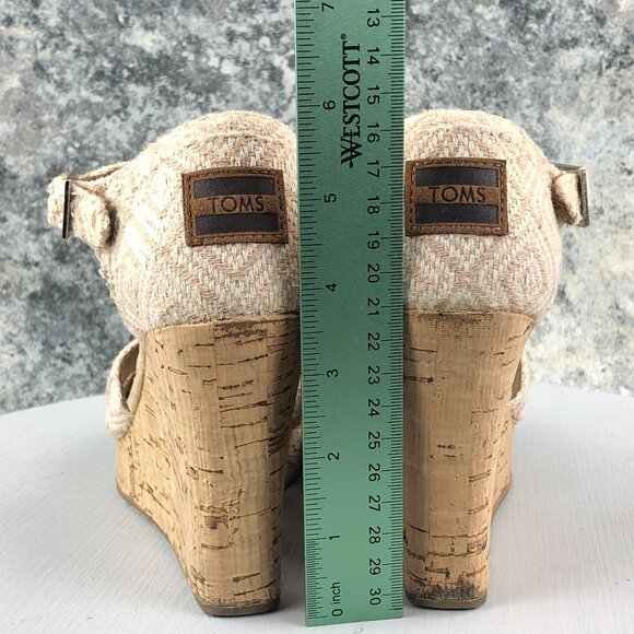 TOMS Womens 7.5 Sienna Tan Woven Diamond Pattern Cork High Heel Wedge Sandals - Picture 5 of 13